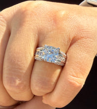 Load image into Gallery viewer, Cushion Cut Moissanite And Round Cut Sides Engagement Ring Set In 14k Solid White Gold Bridal Ring Hidden Halo Style Wedding Ring 5.50ctw
