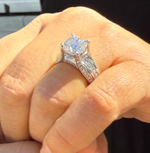 Load image into Gallery viewer, Cushion Cut Moissanite And Round Cut Sides Engagement Ring Set In 14k Solid White Gold Bridal Ring Hidden Halo Style Wedding Ring 5.50ctw
