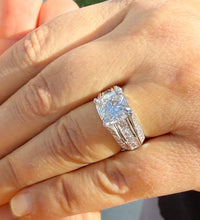 Load image into Gallery viewer, Cushion Cut Moissanite And Round Cut Sides Engagement Ring Set In 14k Solid White Gold Bridal Ring Hidden Halo Style Wedding Ring 5.50ctw
