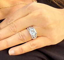 Load image into Gallery viewer, Cushion Cut Moissanite And Round Cut Sides Engagement Ring Set In 14k Solid White Gold Bridal Ring Hidden Halo Style Wedding Ring 5.50ctw
