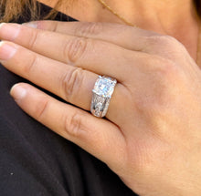 Load image into Gallery viewer, Cushion Cut Moissanite And Round Cut Sides Engagement Ring Set In 14k Solid White Gold Bridal Ring Hidden Halo Style Wedding Ring 5.50ctw
