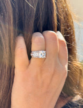 Load image into Gallery viewer, Cushion Cut Moissanite And Round Cut Sides Engagement Ring Set In 14k Solid White Gold Bridal Ring Hidden Halo Style Wedding Ring 5.50ctw
