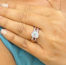 Load image into Gallery viewer, Cushion Cut Moissanite And Round Cut Sides Engagement Ring And Two Matching Bands 14K Solid Rose Gold Half Eternity Minimalist Ring 3.40ctw
