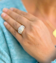 Load image into Gallery viewer, Round Cut Moissanite Engagement Ring And Band Three Stone Style Bezel Set Design 14k Solid Yellow Gold Halo Style Wedding Bridal Set 2.50ctw
