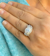 Load image into Gallery viewer, Round Cut Moissanite Engagement Ring And Band Three Stone Style Bezel Set Design 14k Solid Yellow Gold Halo Style Wedding Bridal Set 2.50ctw
