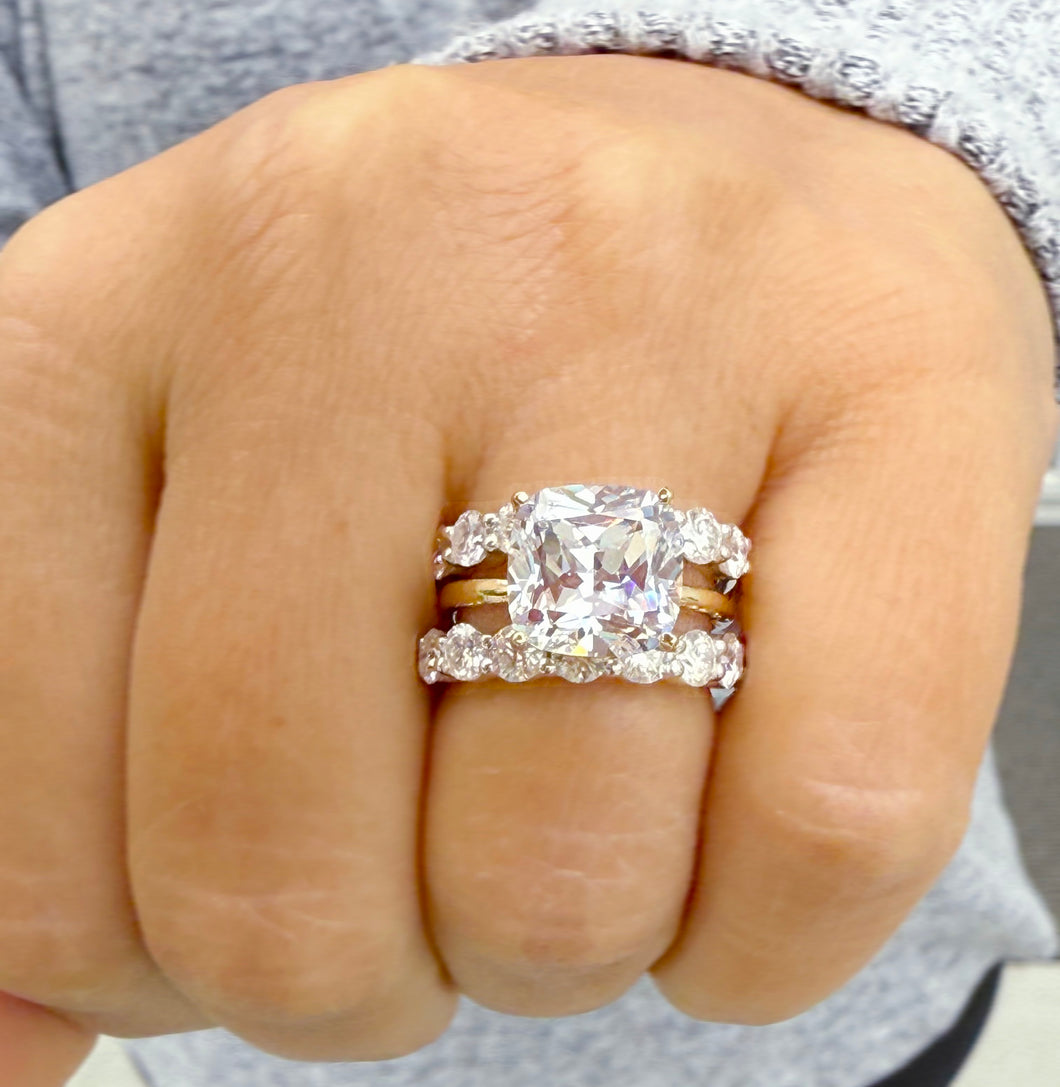 Cushion Cut Moissanite And Round Cut Sides Engagement Ring And Matching Band Set In 14k Solid Yellow And White Gold Wedding Bridal Set 6.00ctw