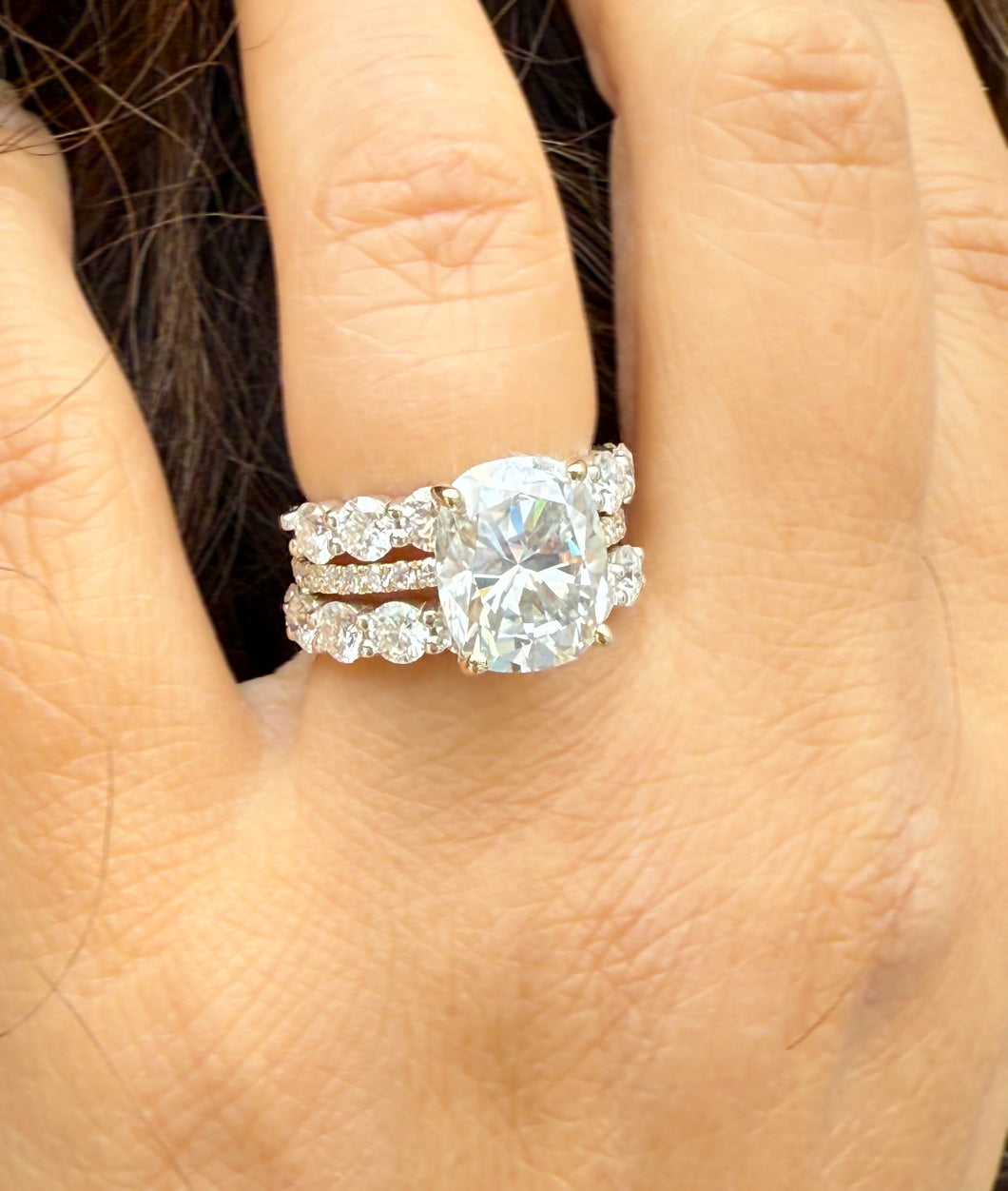 Elongated Cushion Cut Moissanite And Round Cut Sides Engagement Ring And Two Matching Bands Set In 14k Yellow Gold Wedding Bridal Set 7.00ct