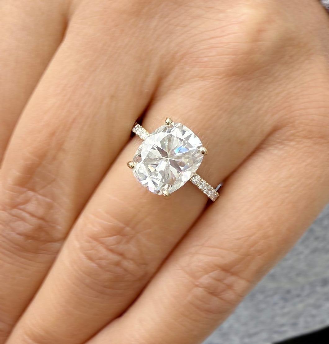 Cushion Cut Moissanite And Round Cut Sides Engagement Ring 14K Solid Yellow Gold Four Prong set Wedding Ring Four Prong Set Bridal Ring 5.25