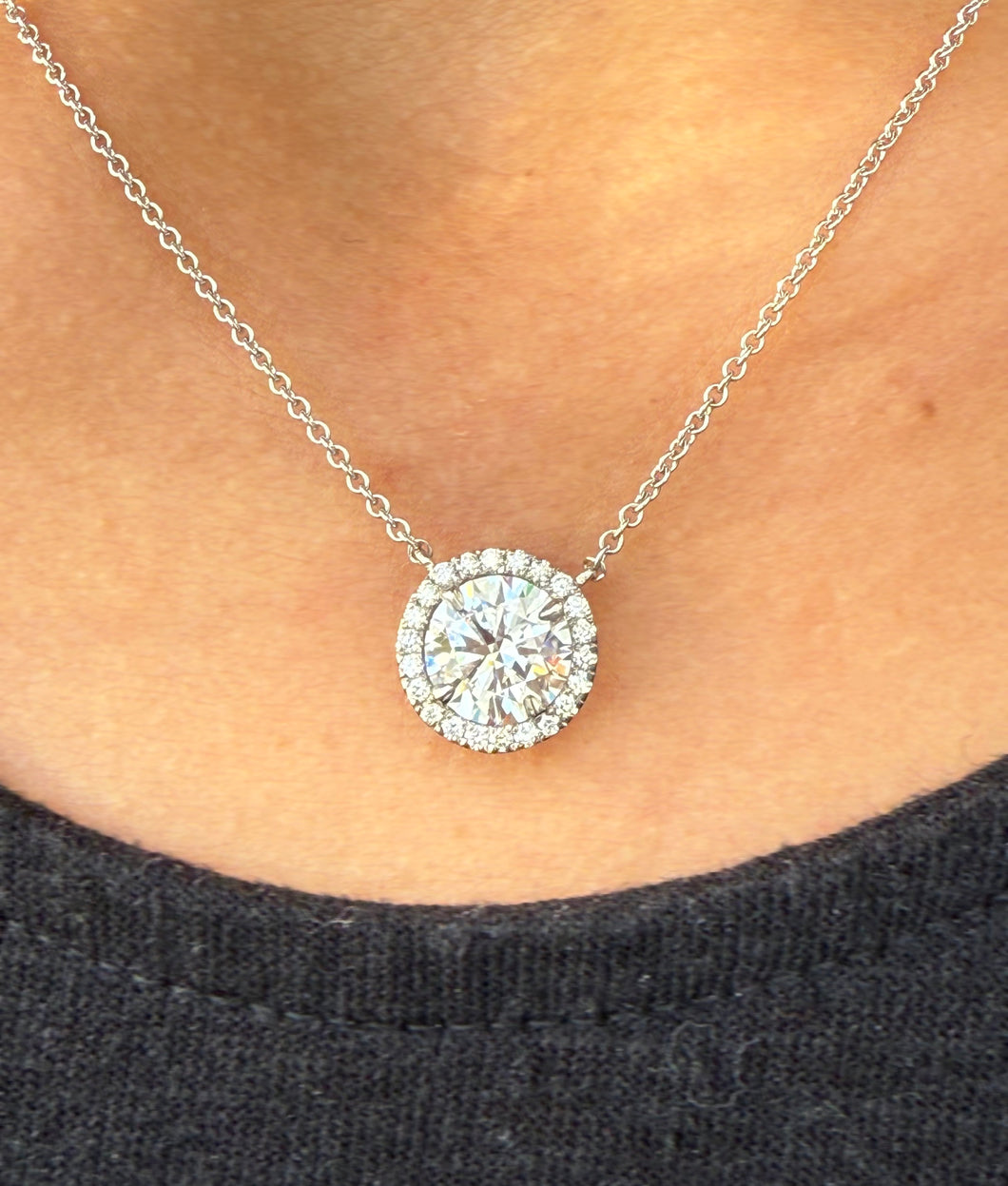 Round Cut Moissanite Pendant And Chain Solitaire Minimalist Dainty Halo Style 14k Solid White Gold Necklace And Chain Wedding Gift 3.25ct