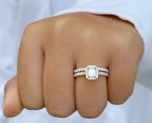 Load image into Gallery viewer, Emerald Cut Moissanite And Round Cut Sides Engagement Ring And Matching Band Halo Wedding Ring In 14k Yellow Gold Bridal Ring For Her 1.80ct
