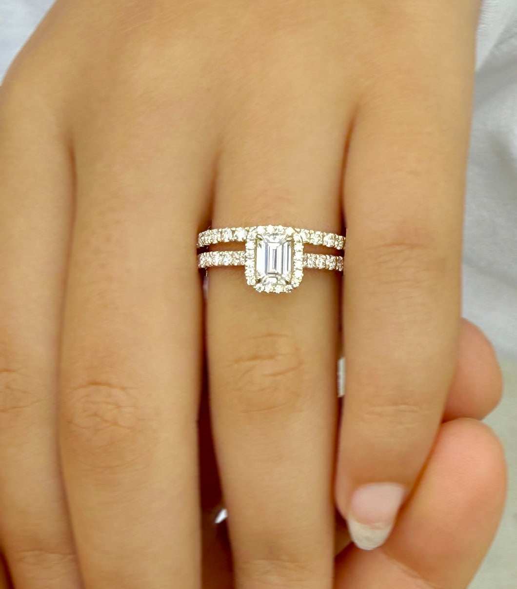 GIA Certified Natural Emerald Cut And Round Cut Sides Diamond Engagement Ring And Matching Band Bridal Set In 14k Solid Yellow Gold 1.70ctw