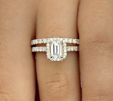 Load image into Gallery viewer, Emerald Cut Moissanite And Round Cut Sides Engagement Ring And Matching Band Halo Wedding Ring In 14k Yellow Gold Bridal Ring For Her 1.80ct
