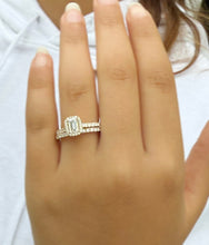 Load image into Gallery viewer, Emerald Cut Moissanite And Round Cut Sides Engagement Ring And Matching Band Halo Wedding Ring In 14k Yellow Gold Bridal Ring For Her 1.80ct
