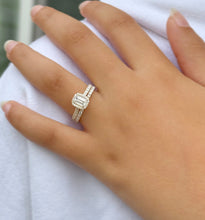 Load image into Gallery viewer, Emerald Cut Moissanite And Round Cut Sides Engagement Ring And Matching Band Halo Wedding Ring In 14k Yellow Gold Bridal Ring For Her 1.80ct
