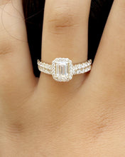 Load image into Gallery viewer, Emerald Cut Moissanite And Round Cut Sides Engagement Ring And Matching Band Halo Wedding Ring In 14k Yellow Gold Bridal Ring For Her 1.80ct
