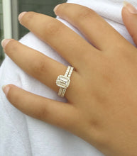 Load image into Gallery viewer, Emerald Cut Moissanite And Round Cut Sides Engagement Ring And Matching Band Halo Wedding Ring In 14k Yellow Gold Bridal Ring For Her 1.80ct
