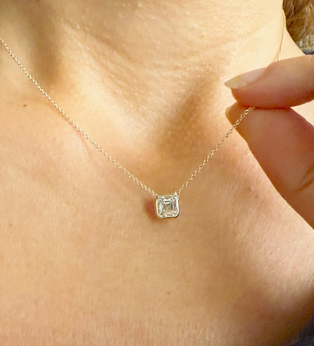 Asscher Cut Moissanite Bezel Set Solitaire Necklace And Chain In 14k Solid Yellow Gold Pendant Bridal Gift Wedding And Anniversary Gift 1.00