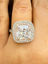 Load image into Gallery viewer, Cushion Cut Moissanite And Round Cut Sides Engagement Ring Halo Style Split Shank Wedding Ring Set In 14k White And Rose Gold Bridal 6.00ctw
