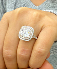 Load image into Gallery viewer, Cushion Cut Moissanite And Round Cut Sides Engagement Ring Halo Style Split Shank Wedding Ring Set In 14k White And Rose Gold Bridal 6.00ctw
