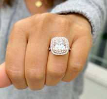 Load image into Gallery viewer, Cushion Cut Moissanite And Round Cut Sides Engagement Ring Halo Style Split Shank Wedding Ring Set In 14k White And Rose Gold Bridal 6.00ctw

