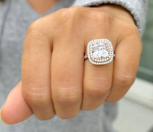Load image into Gallery viewer, Cushion Cut Moissanite And Round Cut Sides Engagement Ring Halo Style Split Shank Wedding Ring Set In 14k White And Rose Gold Bridal 6.00ctw
