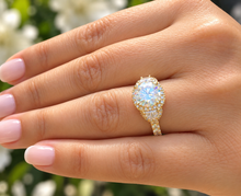 Load image into Gallery viewer, Round Moissanite &amp; Half Moon CVD Diamond Art Deco Engagement Ring 14K Yellow Gold 3.00 CTW
