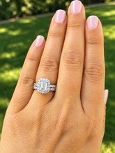 Load image into Gallery viewer, Emerald Cut Moissanite And Round Cut Sides Cvd Diamond Engagement Ring And Matching Band 14k Solid White Gold Halo Wedding Bridal Set 2.00ct
