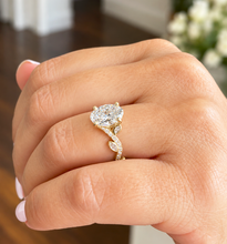 Load image into Gallery viewer, IGI Certified Oval Cut and round and marquise cut sides leaf style design Diamond Engagement Ring 14k Solid Yellow Gold 2.35ctw
