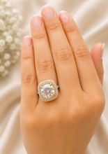 Load image into Gallery viewer, Cushion Cut Moissanite And Round Cut Engagement Ring 14k Solid White And Yellow Gold Bridal Wedding Ring Double Halo Style Split Shank 6.50
