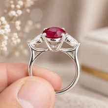 Load image into Gallery viewer, Oval Shape Ruby And Pear Shape Side Cvd Diamonds Prong Set Engagement Right Hand Ring 14k Solid White Gold Wedding Ring 3.80ctw
