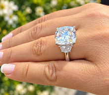 Load image into Gallery viewer, Cushion Cut Center And Half Moon Shape Sides Diamond Engagement Ring IGI Certified 14k Solid White Gold Three Stone Style Ring 5.80ctw G-VS2
