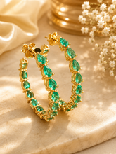 Load image into Gallery viewer, Pear Shape Green Emerald Hoop Earrings Prong set Inside Out Style 14k Solid Yellow Solid Gold Huge 8.00ctw Bridal Wedding Gift For Her
