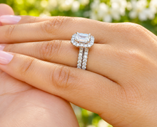 Load image into Gallery viewer, Emerald Cut Moissanite And Round Cut Sides Cvd Diamond Engagement Ring And Matching Band 14k Solid White Gold Halo Wedding Bridal Set 2.00ct
