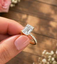 Load image into Gallery viewer, Emerald Cut Moissanite And Round Cut Sides Engagement Ring Set In 14k Yellow Gold Wedding Ring Bridal propose Ring 4.25ctw
