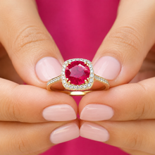 Load image into Gallery viewer, Round Cut Ruby And Round Cut Sides Natural Diamonds Antique Deco Design 14k Solid Yellow Gold Halo Filigree Style Bridal Wedding Ring 2.50ct
