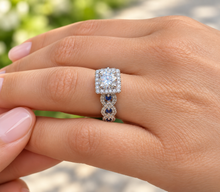 Load image into Gallery viewer, Round Cut Moissanite And Cvd Diamonds And Sapphire Sides Engagement Ring 14K Solid White Gold Bridal Ring Halo Wedding Propose Ring 2.00
