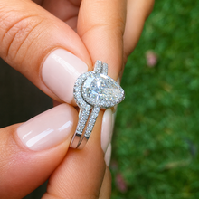Load image into Gallery viewer, Pear Shape And Round Cut Sides Natural Diamond Halo Engagement Ring And Matching Band Bridal Set 14K Solid White Gold Wedding Set 1.00ctw
