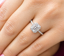 Load image into Gallery viewer, Emerald Cut Moissanite Center And Round Cut Sides Engagement Ring Halo Style Minimalist Bridal Wedding Ring Set In 14k Solid White Gold 1.50
