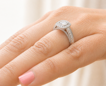 Load image into Gallery viewer, Cushion Cut Moissanite And Round Cut Sides Engagement Ring Bezel Set In 14k Solid White Gold Halo Filigree Style Bridal Wedding Ring 1.70ctw
