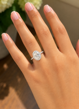 Load image into Gallery viewer, Elongated Oval Shape Moissanite Center (11x8mm) And Round Cut Sides Engagement Ring Halo Style 14k White Gold Wedding Ring 4.50ctw
