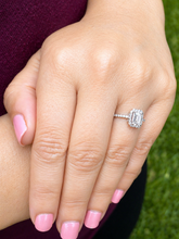 Load image into Gallery viewer, Emerald Cut Moissanite Center And Round Cut Sides Engagement Ring Halo Style Minimalist Bridal Wedding Ring Set In 14k Solid White Gold 1.50
