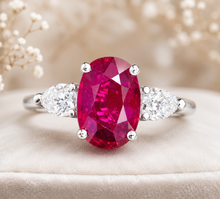 Load image into Gallery viewer, Oval Shape Ruby And Pear Shape Side Cvd Diamonds Prong Set Engagement Right Hand Ring 14k Solid White Gold Wedding Ring 3.80ctw
