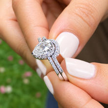 Load image into Gallery viewer, Pear Shape And Round Cut Sides Diamond Engagement Ring And Matching Band IGI Certified 14k Solid White Gold Bridal Wedding Set Halo 1.40ctw
