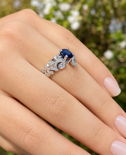 Load image into Gallery viewer, Natural Oval Shape Sapphire And Round Cut Sides Diamonds Engagement Ring Filigree Wedding Ring Right Hand Ring 14K Solid White Gold 2.15ctw
