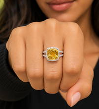 Load image into Gallery viewer, Cushion Cut Yellow Citrine And Natural Round Cut Sides Diamond Engagement Ring 14k Solid White Gold Bridal Ring Halo Style Wedding Ring 5.80
