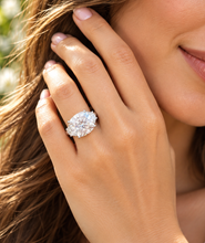 Load image into Gallery viewer, Cushion Cut Center And Half Moon Shape Sides Diamond Engagement Ring IGI Certified 14k Solid White Gold Three Stone Style Ring 5.80ctw G-VS2
