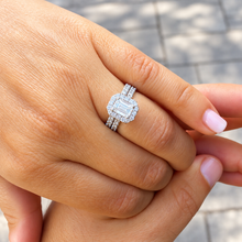 Load image into Gallery viewer, Emerald Cut Moissanite And Round Cut Sides Cvd Diamond Engagement Ring And Matching Band 14k Solid White Gold Halo Wedding Bridal Set 2.00ct
