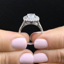 Load image into Gallery viewer, Cushion Cut Moissanite And Cvd Diamonds Engagement Ring Double Halo Split Shank Design Bridal Wedding Ring In 14k White Gold 2.30ctw
