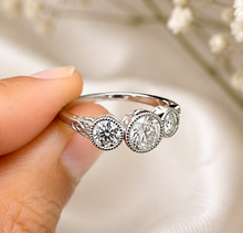 Load image into Gallery viewer, Round Cut Moissanite Engagement Ring Three Stone Antique Style Bezel Set Design 14k Solid White Gold Wedding Bridal Set 2.00ctw
