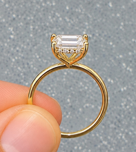 Load image into Gallery viewer, Emerald Shape Moissanite Center And Round Cut Sides Engagement Ring Inner Halo Style 14k Yellow Gold Wedding Ring 3.10ctw
